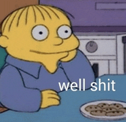 a cartoon character is sitting at a table with a plate of cookies and the words well shit below him .