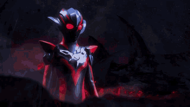 a cartoon character with red eyes and a circle on his chest