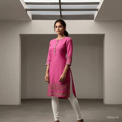 a woman in a pink dress is standing in a room with meta al written on the bottom right