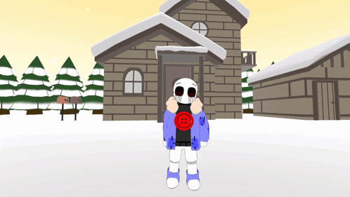 a cartoon character standing in front of a house