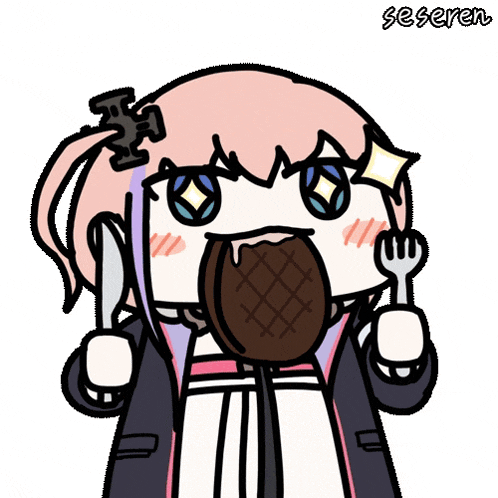 a cartoon drawing of a girl holding a knife and fork with the word seserem written below her