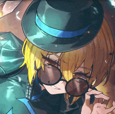 a close up of a person wearing sunglasses and a top hat