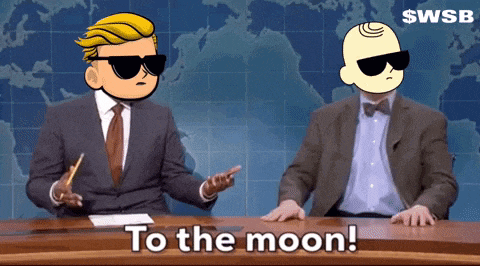 two men are sitting at a desk with the words to the moon written on it