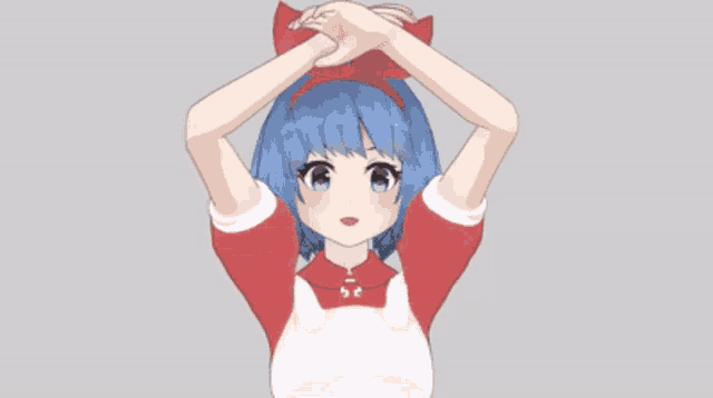 a girl with blue hair is holding her hands over her head in front of a gray background with chinese writing