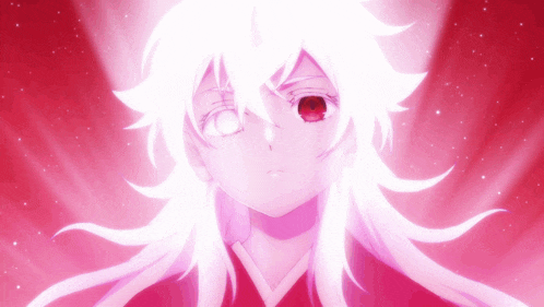 a girl with white hair and red eyes looks up at something