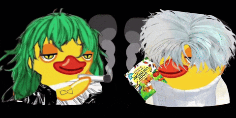 a duck with green hair is smoking a cigarette next to a duck with gray hair holding a bag that says good time