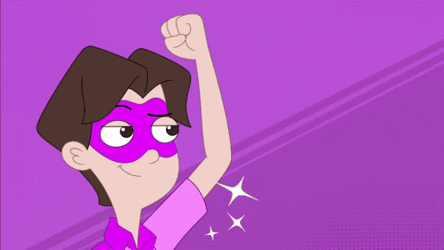 a boy wearing a purple mask and a girl wearing a blue hat are standing next to each other on a purple background