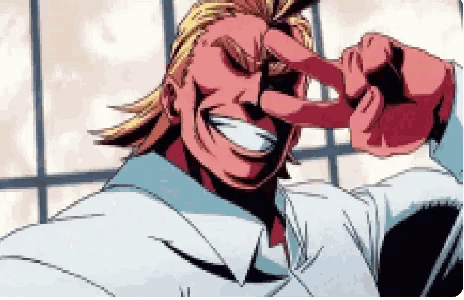 all might from my hero academia is making a funny face with his hand .