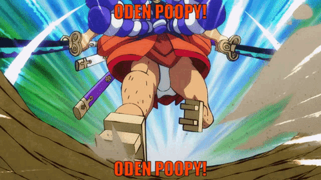 a cartoon character with the words oden poopy in orange