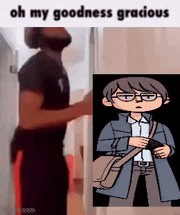 a man is standing in front of a door next to a cartoon of a man with glasses and a bag .