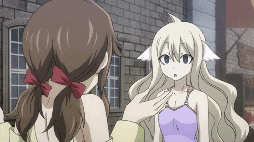 a girl with a red bow in her hair stands next to a girl with white hair