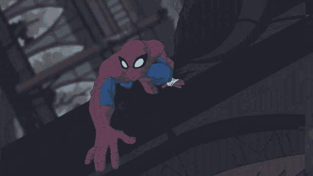 a cartoon of a spider man sitting on a railing