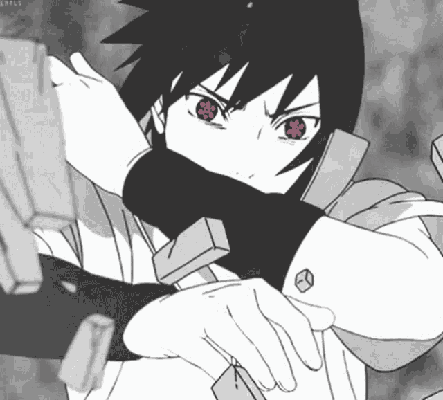 a black and white drawing of a person with red eyes and a tattoo on their arm