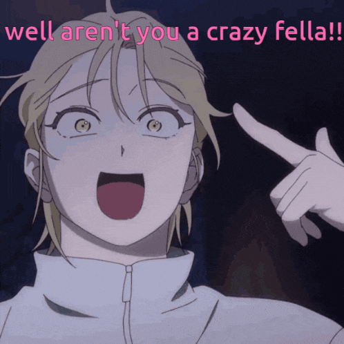 a person pointing at another person with the words " well aren 't you a crazy fella "