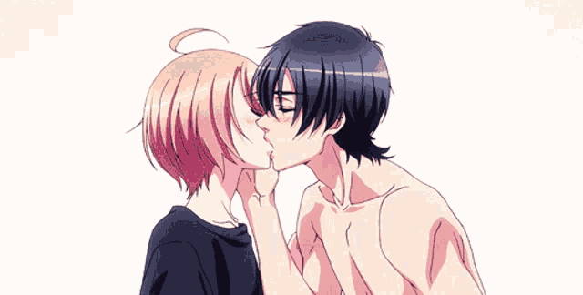 a boy and a girl are touching each other 's faces