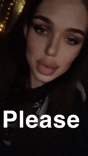 a close up of a woman 's face with the word please written below her