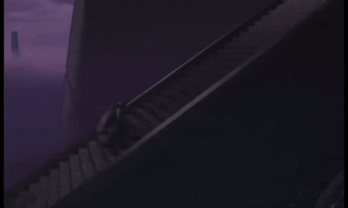 a dark staircase with a purple sky in the background