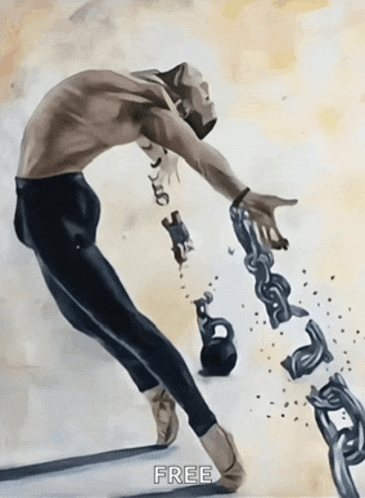a painting of a man breaking chains with the word free below