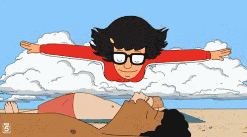 a cartoon of a woman in a red shirt flying over a man
