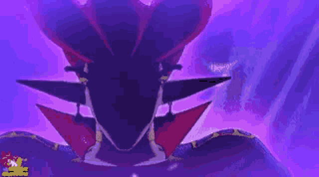 a purple background with a cartoon character in the foreground and a purple sky in the background .