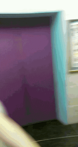 a purple wall with a blue border is behind a white wall