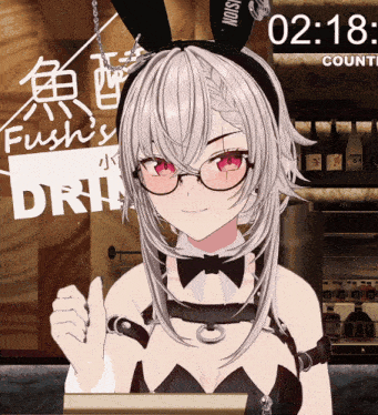 a girl with glasses and bunny ears giving a thumbs up in front of a sign that says fushi 's drink