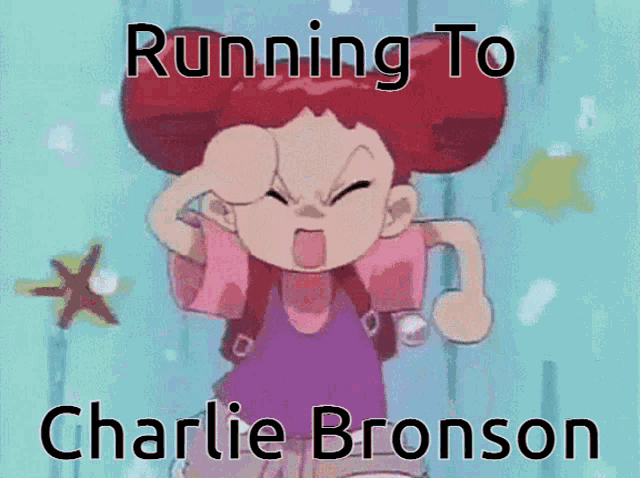 a cartoon girl with red hair and a backpack is running to charlie bronson
