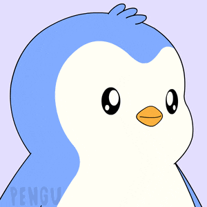 a blue and white penguin with a red beak and the word pengu on the bottom right