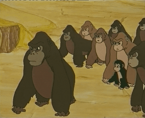 a group of gorillas standing next to each other with the caption si comincia finalmente above them