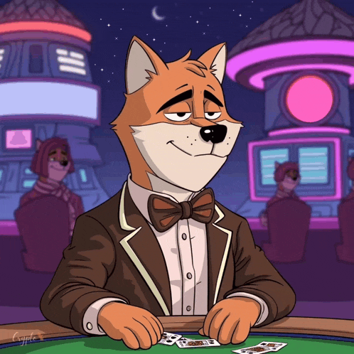 a cartoon of a fox in a tuxedo playing cards