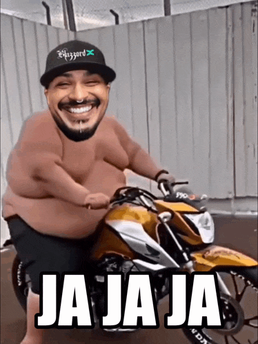 a fat man is riding a motorcycle with the words ja ja ja written on it