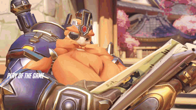 a video game character has the words play of the game written on his chest