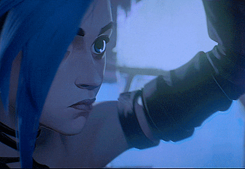 a close up of a woman with blue hair