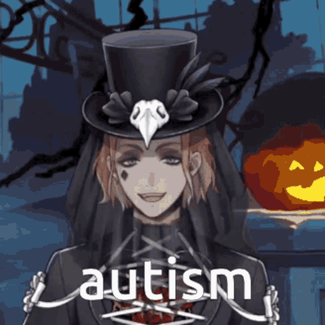 a man wearing a top hat with a bird on it is holding the word autism .