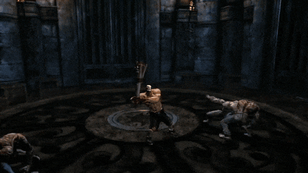 a video game is being played in a dark room with monsters fighting