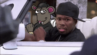 a man in a black hat is sitting in a car with a cartoon rat behind him