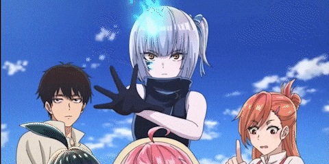 a group of anime characters are standing in front of a blue sky