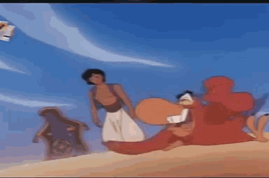 a cartoon of a man holding a red carpet in the desert