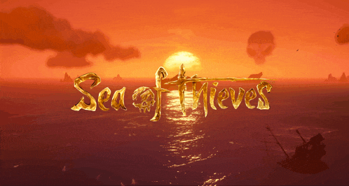 the word sea of thieves is written in gold on a sunset background