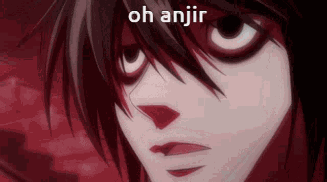 a close up of a person 's face with the words " oh anjir " above it