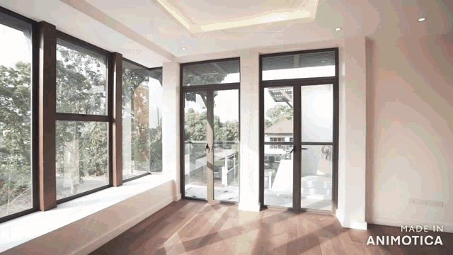 a room with lots of windows and the words made in animotica