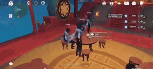 a group of people standing around a table in a room in a video game .