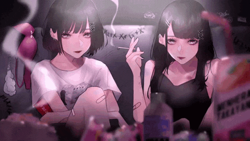 two anime girls are sitting next to each other and one is smoking