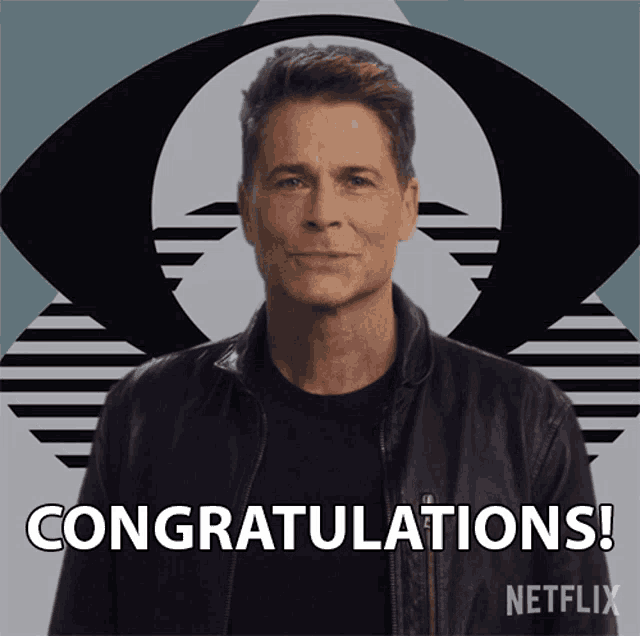 a man in a leather jacket says congratulations