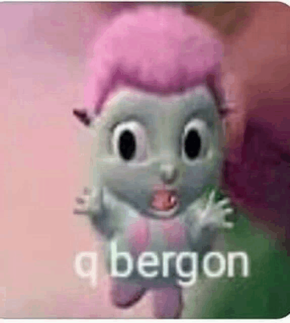 a cartoon character with pink hair is standing in front of a pink background with the words `` q bergon '' written on it .