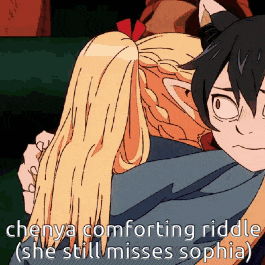 a cartoon of a boy holding a girl with the words chenya comforting riddle she still misses sophia