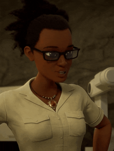 a cartoon woman wearing glasses and a necklace is smiling
