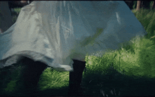 a woman in a white dress is walking through a grassy field