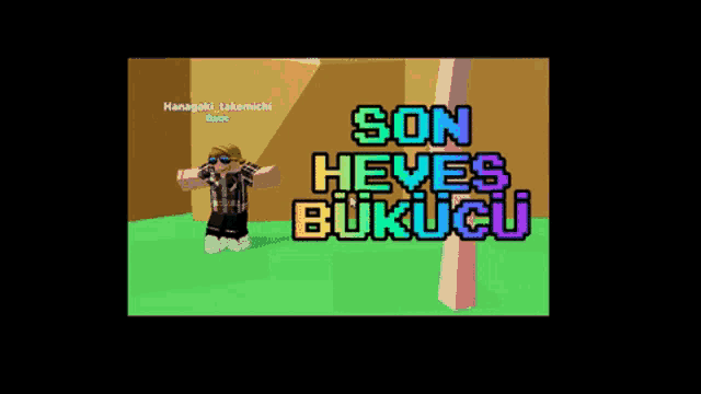 a cartoon character is standing in front of a sign that says son heves buruku