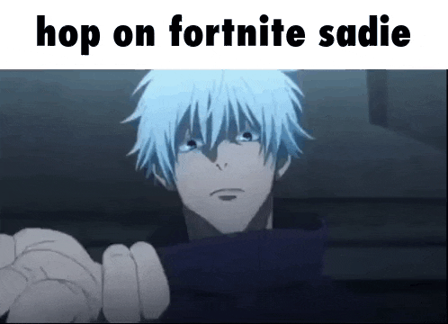 a man with blue hair is standing in a dark room with the words `` hop on fortnite sadie '' written above him .